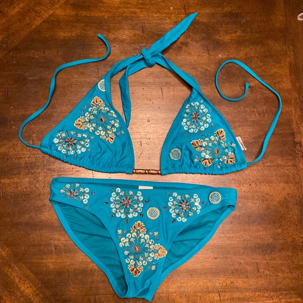 Xhileration turquoise/copper HAND BEADED bikini. L/M